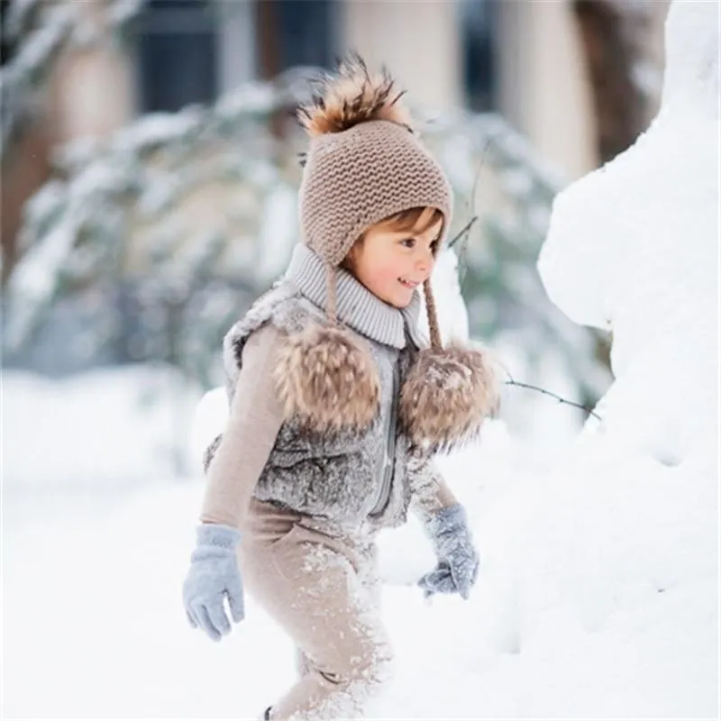 Children's Knitted Hat with Three Raccoon Fur Pompoms - Keep Warm in Style