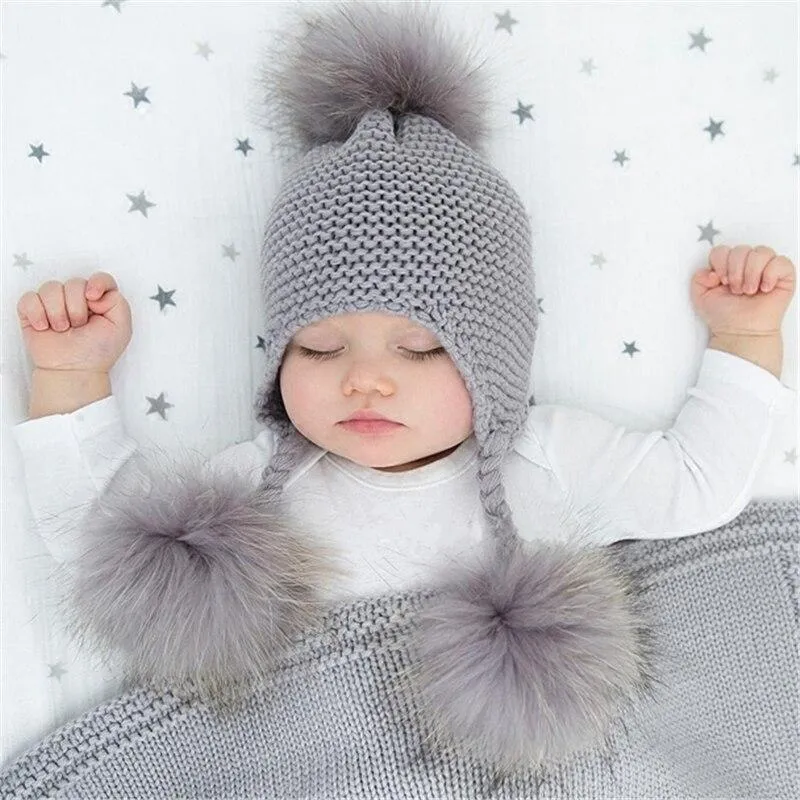 Children's Knitted Hat with Three Raccoon Fur Pompoms - Keep Warm in Style