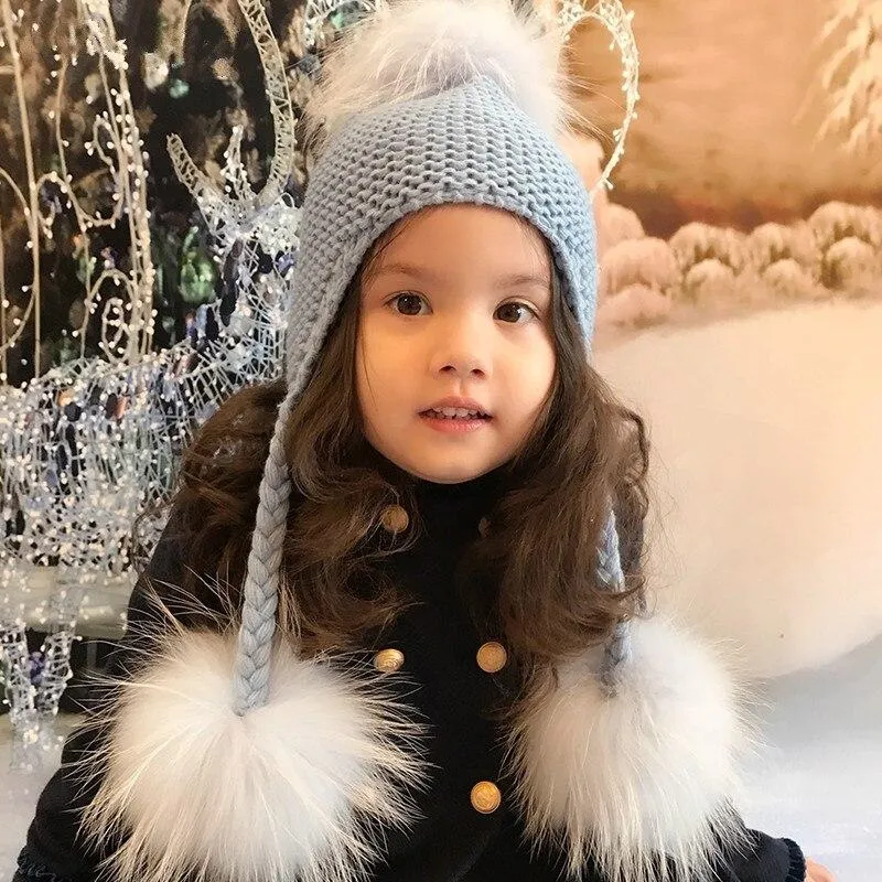 Children's Knitted Hat with Three Raccoon Fur Pompoms - Keep Warm in Style