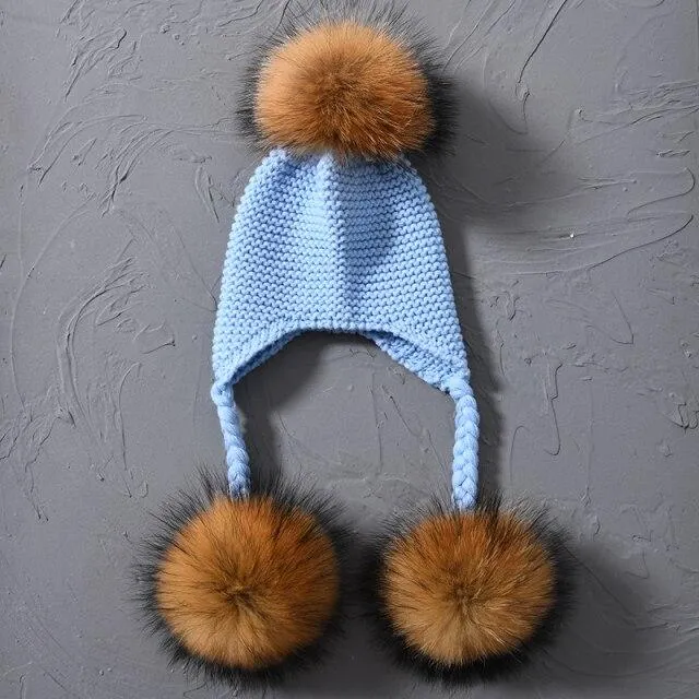 Children's Knitted Hat with Three Raccoon Fur Pompoms - Keep Warm in Style