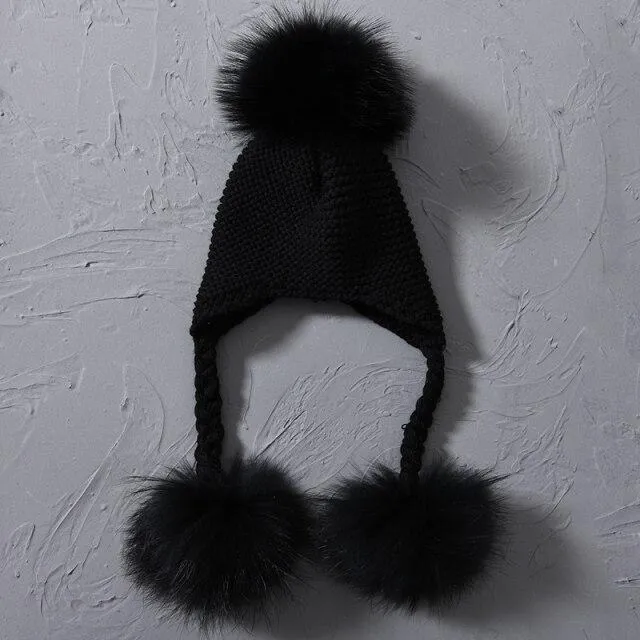 Children's Knitted Hat with Three Raccoon Fur Pompoms - Keep Warm in Style