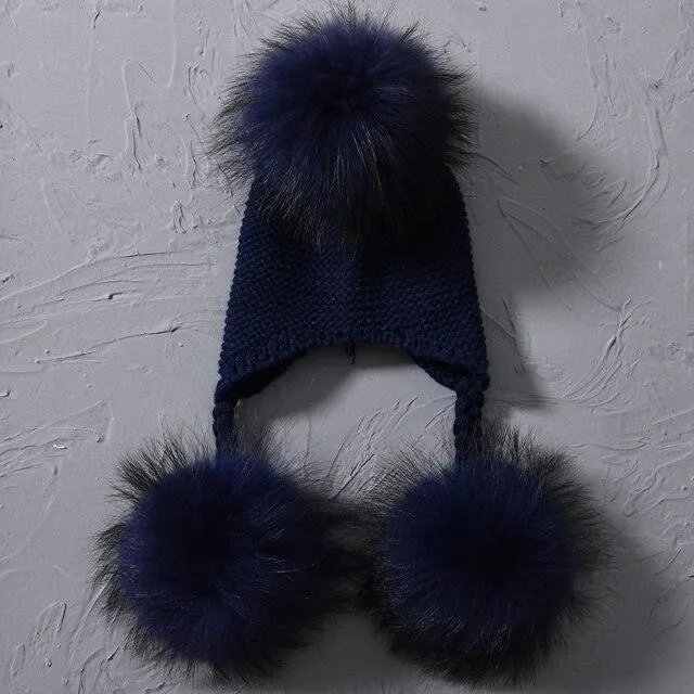 Children's Knitted Hat with Three Raccoon Fur Pompoms - Keep Warm in Style