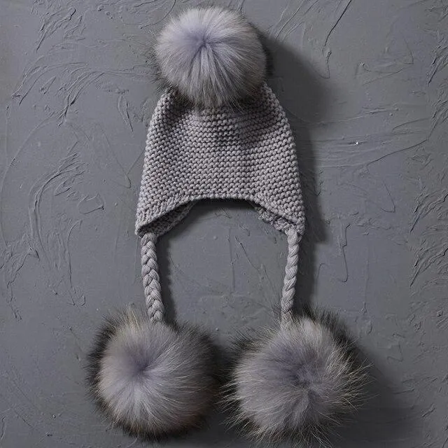 Children's Knitted Hat with Three Raccoon Fur Pompoms - Keep Warm in Style