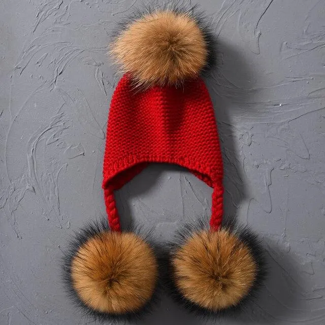 Children's Knitted Hat with Three Raccoon Fur Pompoms - Keep Warm in Style