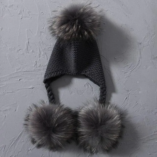Children's Knitted Hat with Three Raccoon Fur Pompoms - Keep Warm in Style