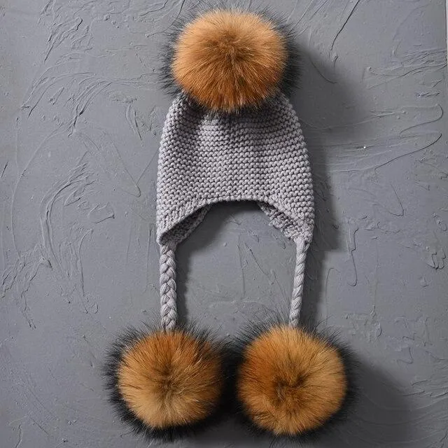 Children's Knitted Hat with Three Raccoon Fur Pompoms - Keep Warm in Style