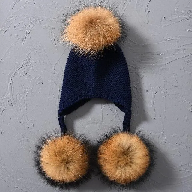 Children's Knitted Hat with Three Raccoon Fur Pompoms - Keep Warm in Style