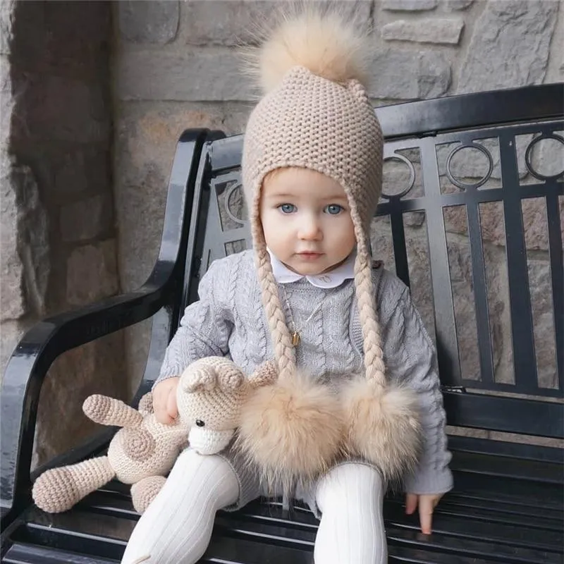 Children's Knitted Hat with Three Raccoon Fur Pompoms - Keep Warm in Style