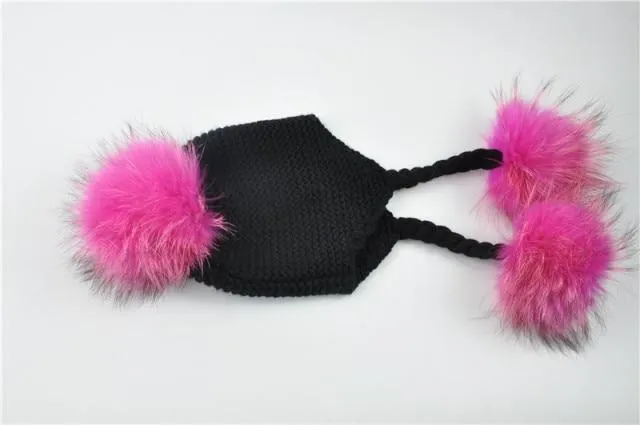 Children's Knitted Hat with Three Raccoon Fur Pompoms - Keep Warm in Style