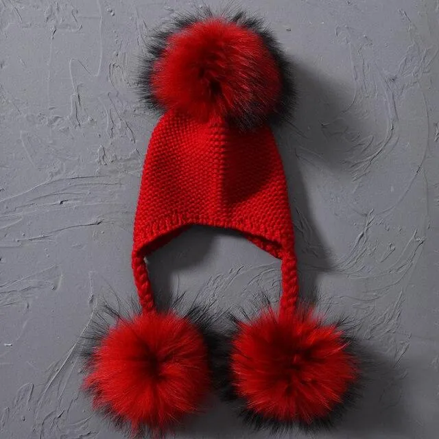 Children's Knitted Hat with Three Raccoon Fur Pompoms - Keep Warm in Style