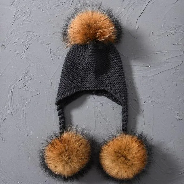 Children's Knitted Hat with Three Raccoon Fur Pompoms - Keep Warm in Style