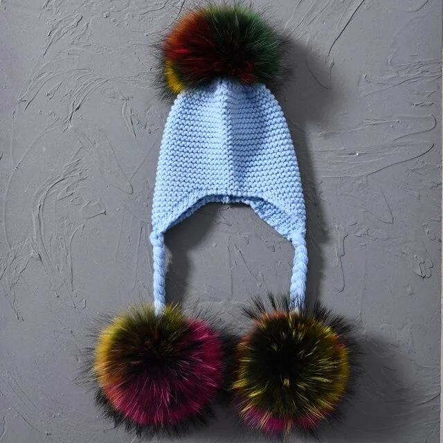 Children's Knitted Hat with Three Raccoon Fur Pompoms - Keep Warm in Style