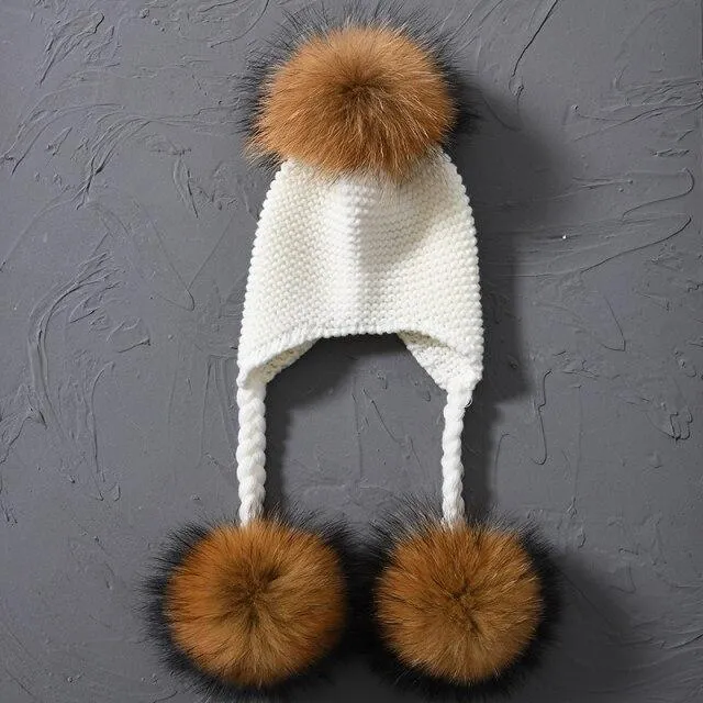Children's Knitted Hat with Three Raccoon Fur Pompoms - Keep Warm in Style