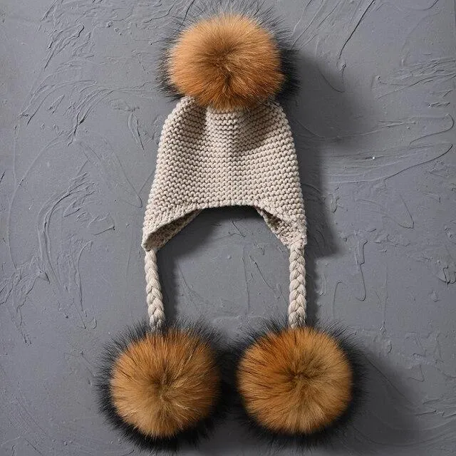 Children's Knitted Hat with Three Raccoon Fur Pompoms - Keep Warm in Style