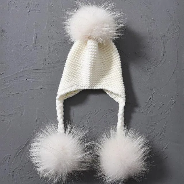 Children's Knitted Hat with Three Raccoon Fur Pompoms - Keep Warm in Style