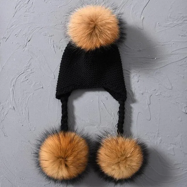 Children's Knitted Hat with Three Raccoon Fur Pompoms - Keep Warm in Style