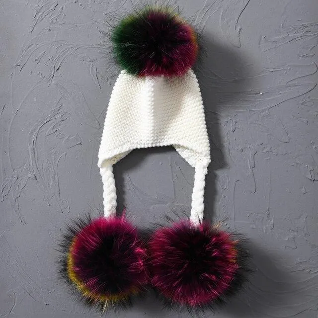 Children's Knitted Hat with Three Raccoon Fur Pompoms - Keep Warm in Style