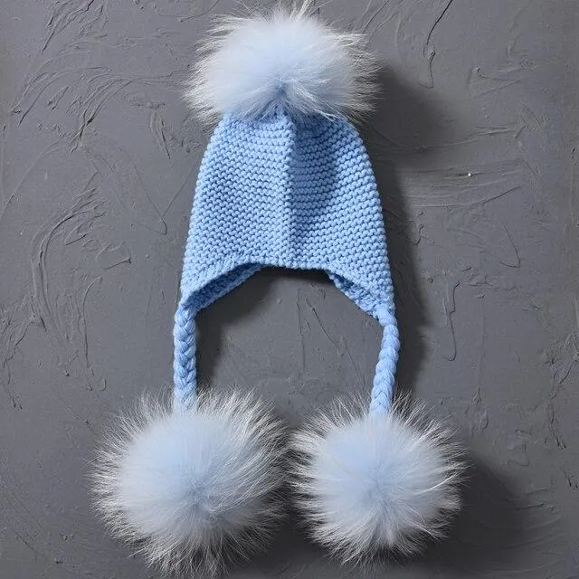 Children's Knitted Hat with Three Raccoon Fur Pompoms - Keep Warm in Style