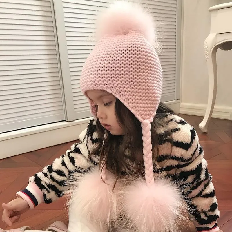Children's Knitted Hat with Three Raccoon Fur Pompoms - Keep Warm in Style