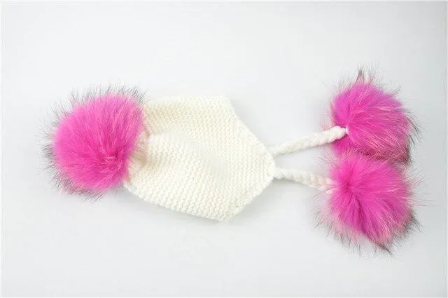 Children's Knitted Hat with Three Raccoon Fur Pompoms - Keep Warm in Style