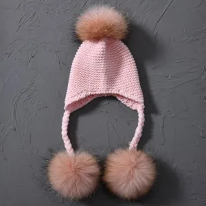 Children's Knitted Hat with Three Raccoon Fur Pompoms - Keep Warm in Style