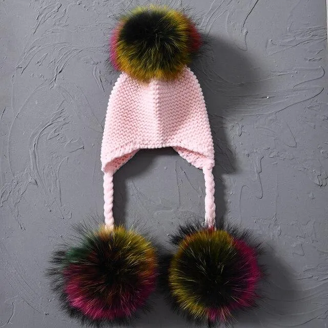 Children's Knitted Hat with Three Raccoon Fur Pompoms - Keep Warm in Style