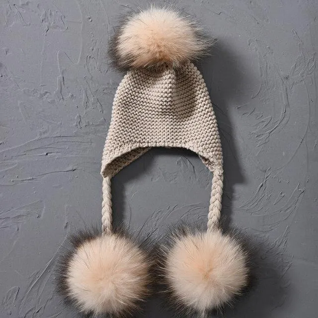 Children's Knitted Hat with Three Raccoon Fur Pompoms - Keep Warm in Style