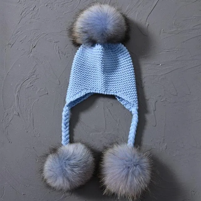 Children's Knitted Hat with Three Raccoon Fur Pompoms - Keep Warm in Style