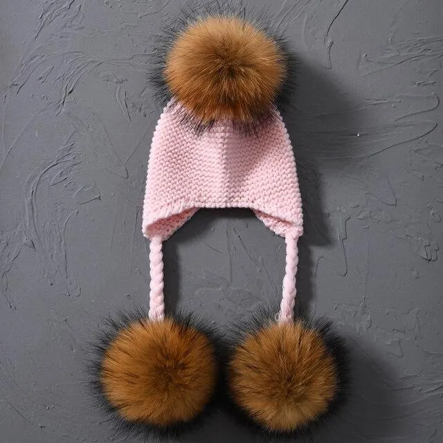 Children's Knitted Hat with Three Raccoon Fur Pompoms - Keep Warm in Style