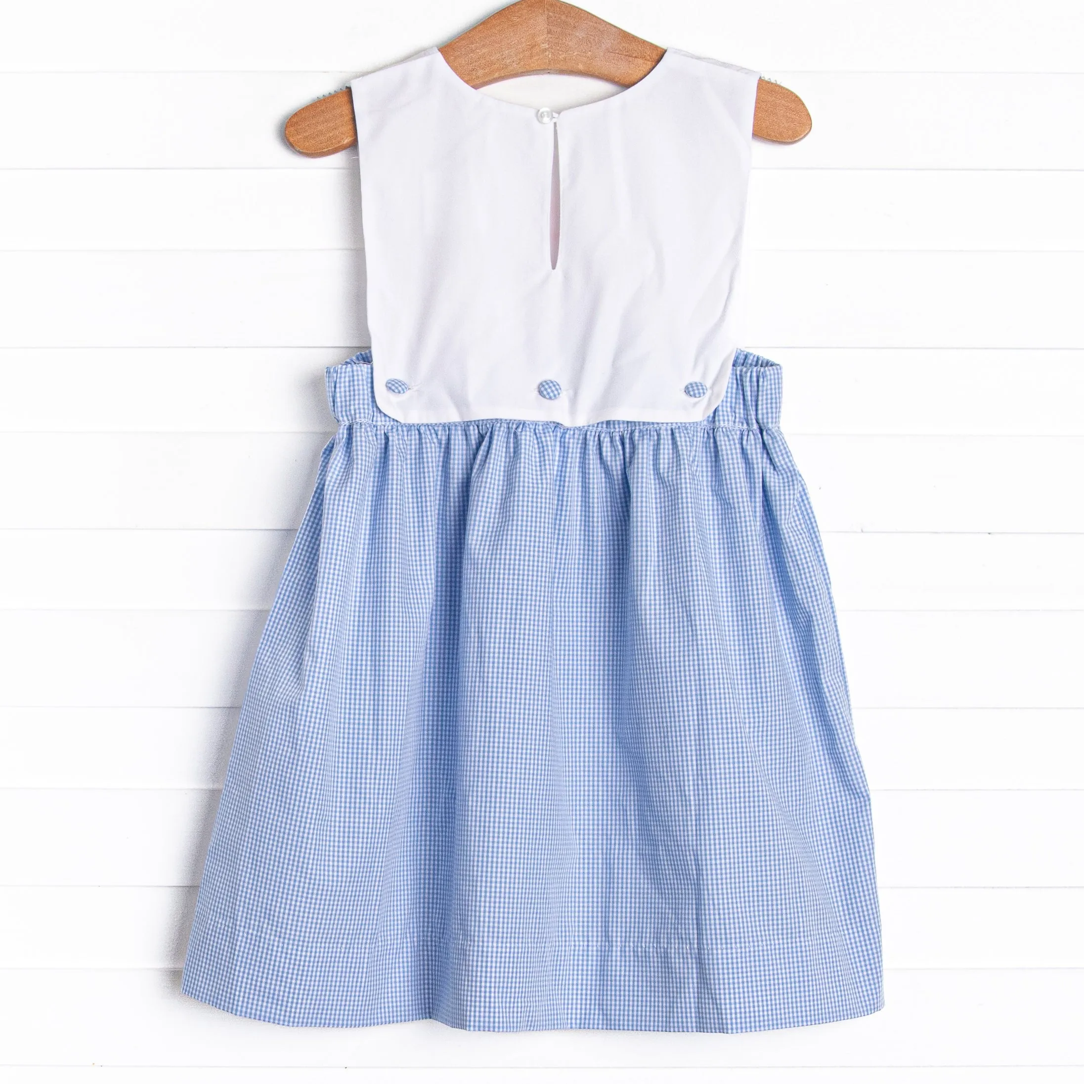 Crab Walkin' Embroidered Dress, Blue Gingham