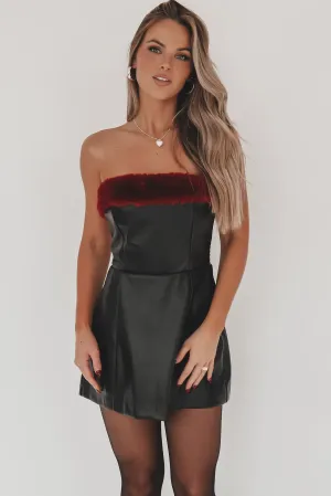 DEAL Baby It's Cold Outside Black Leather Burgundy Fur Trim Romper Dress