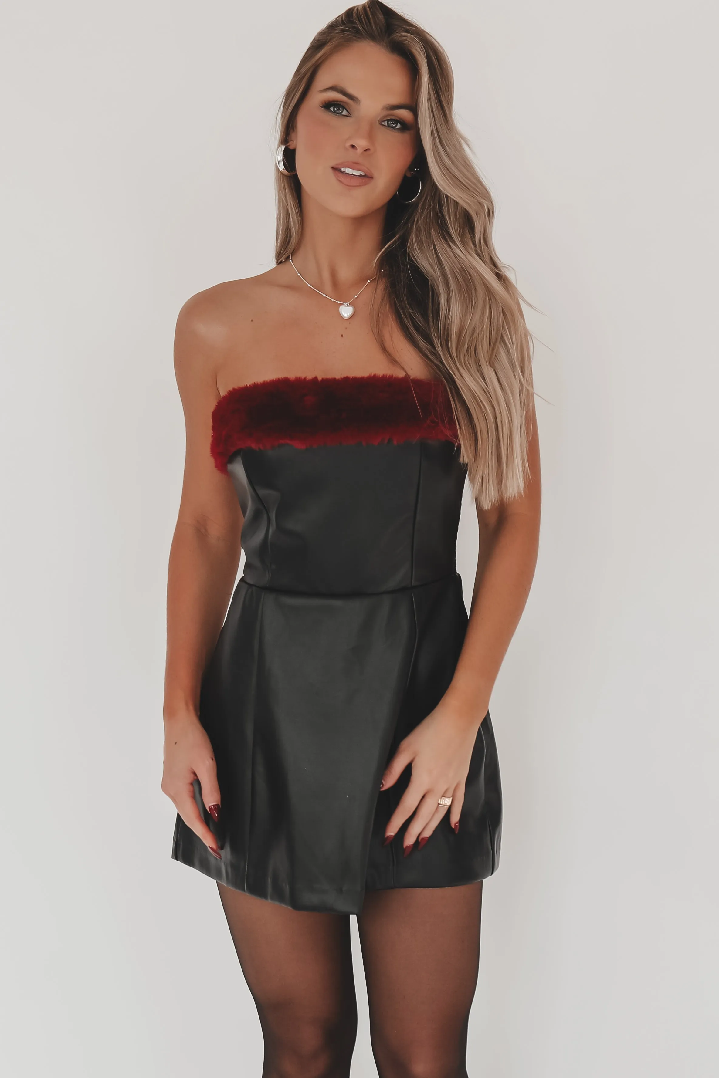 DEAL Baby It's Cold Outside Black Leather Burgundy Fur Trim Romper Dress