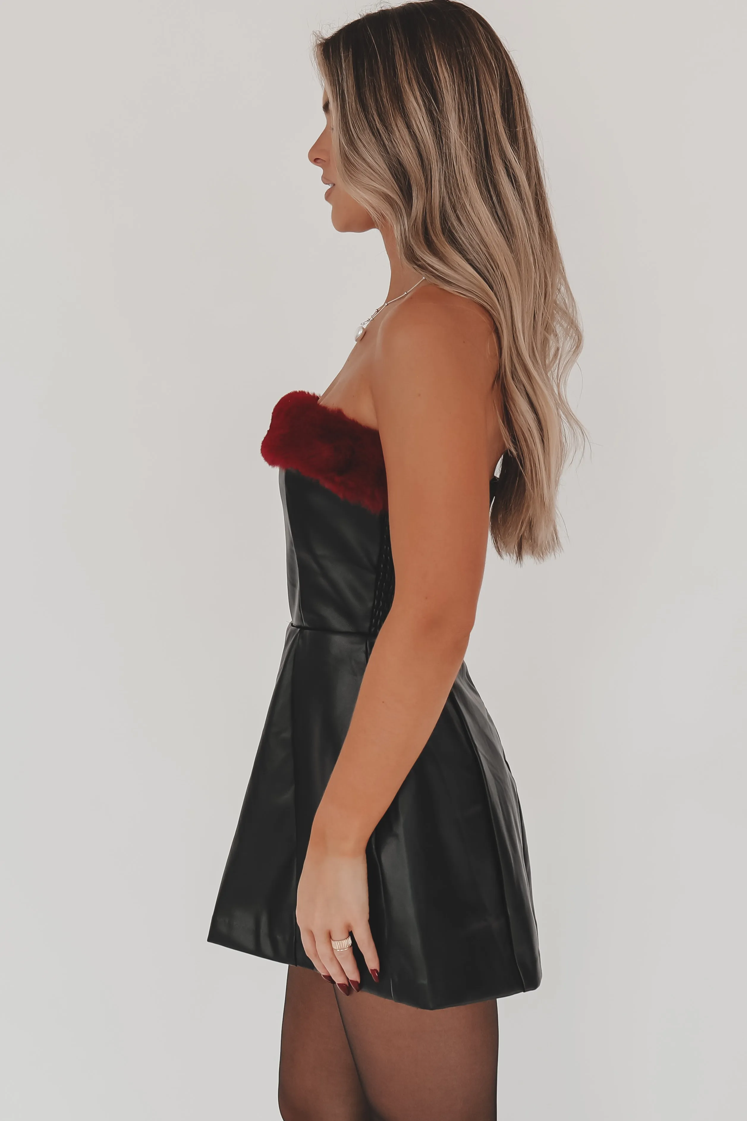 DEAL Baby It's Cold Outside Black Leather Burgundy Fur Trim Romper Dress