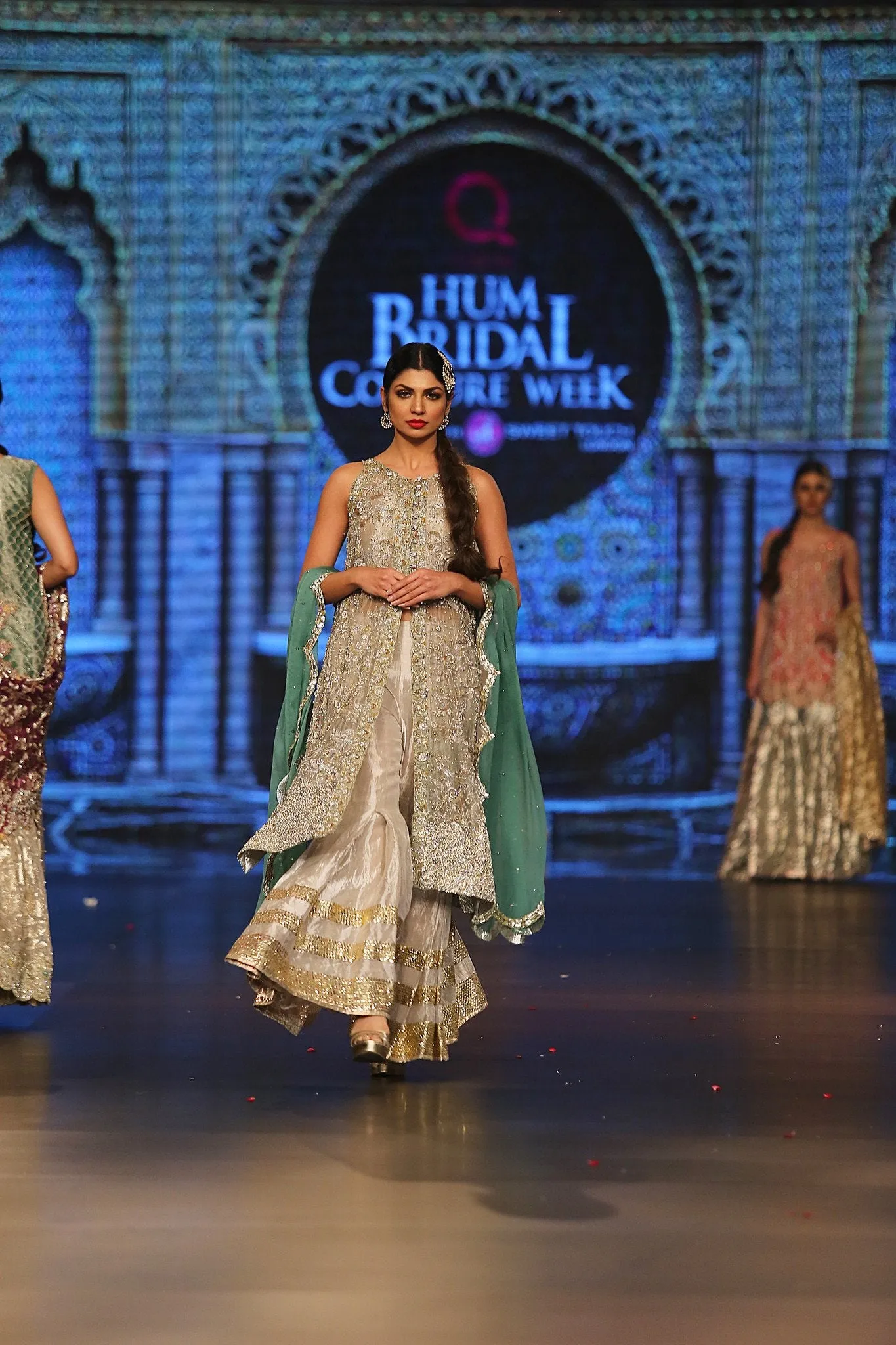 Designer embroidered dress in gold, white and green color # B3356