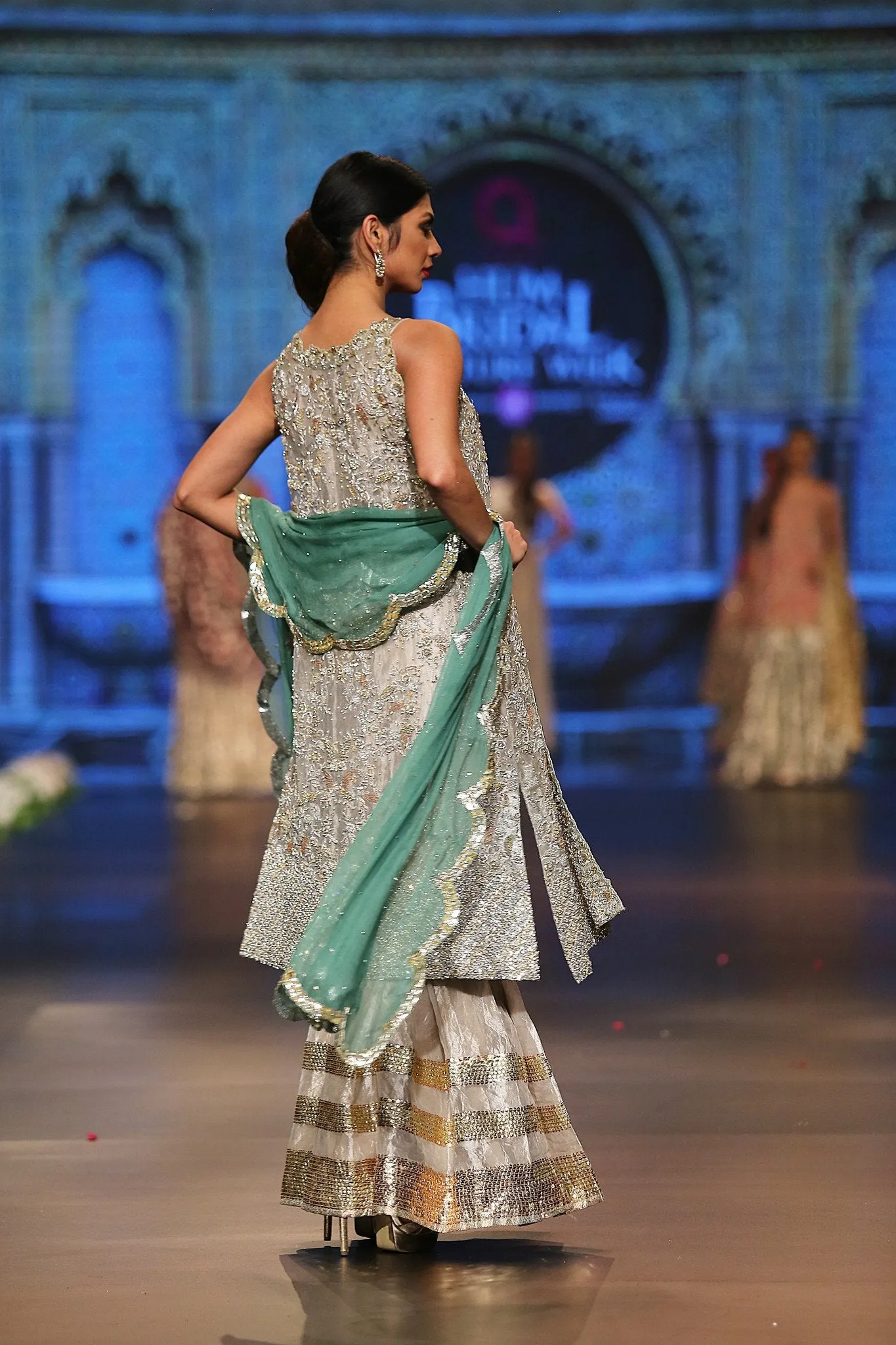 Designer embroidered dress in gold, white and green color # B3356
