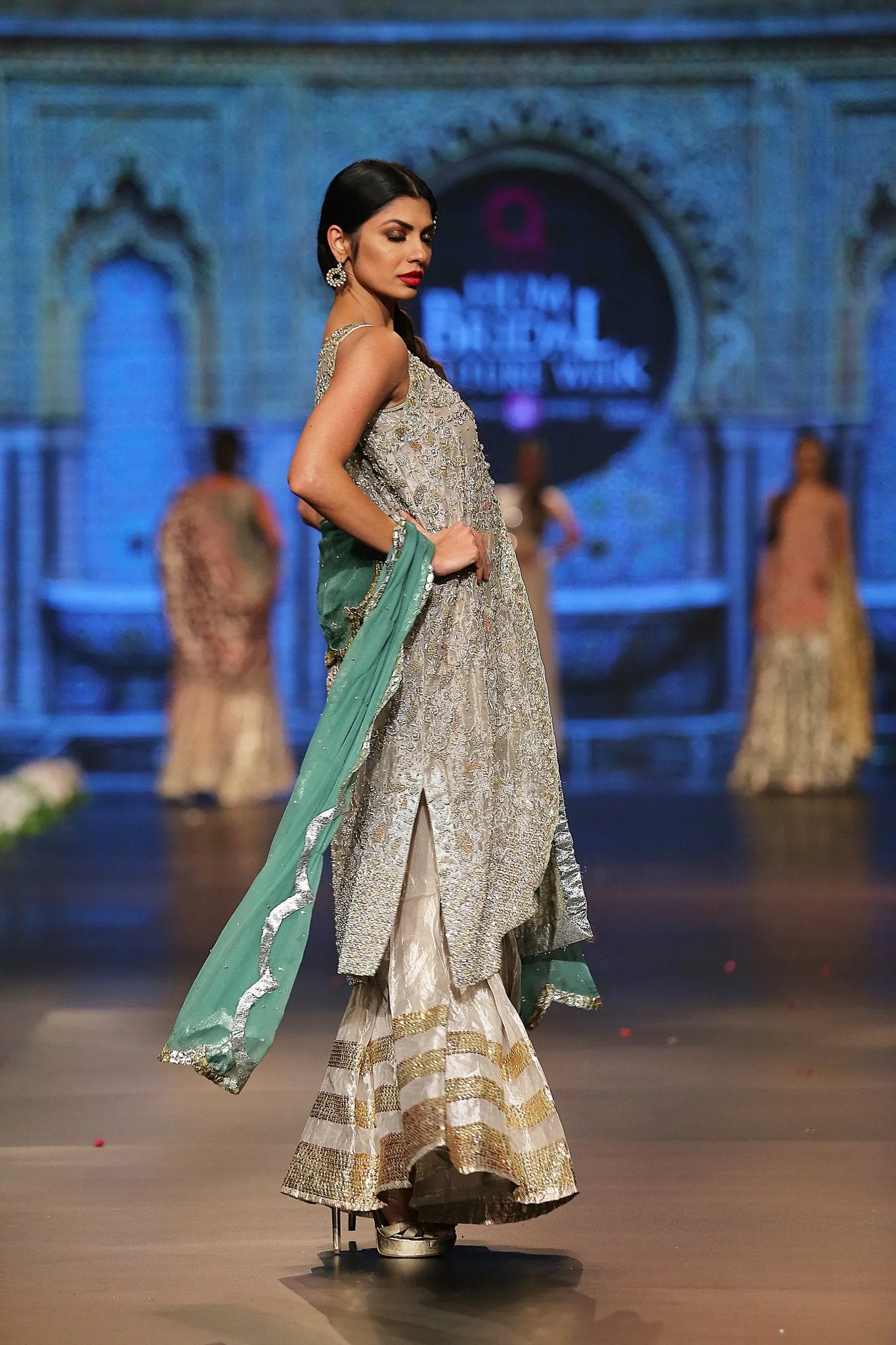 Designer embroidered dress in gold, white and green color # B3356