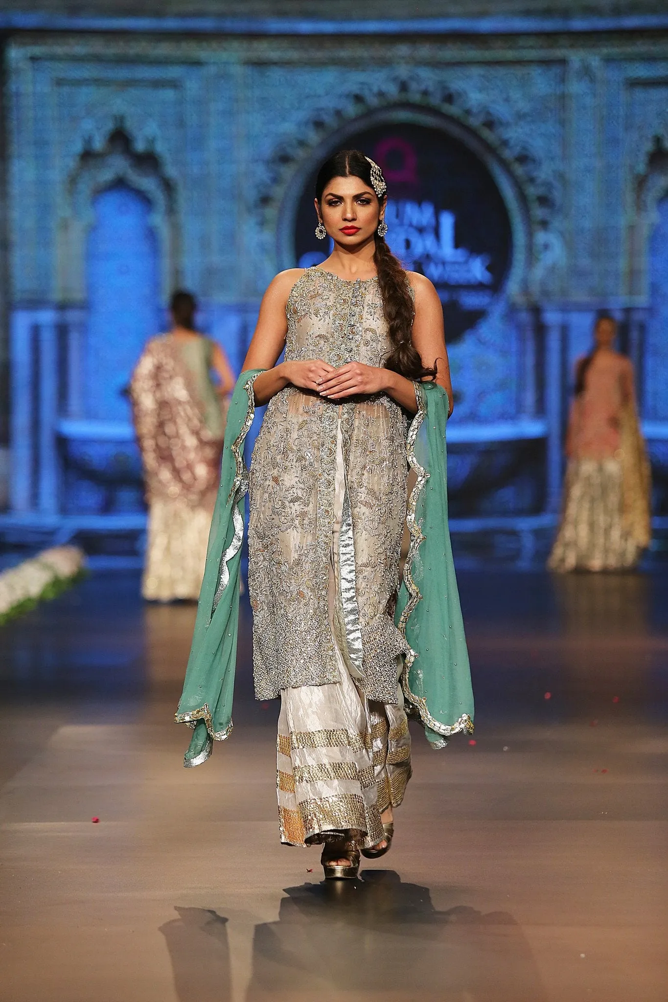 Designer embroidered dress in gold, white and green color # B3356