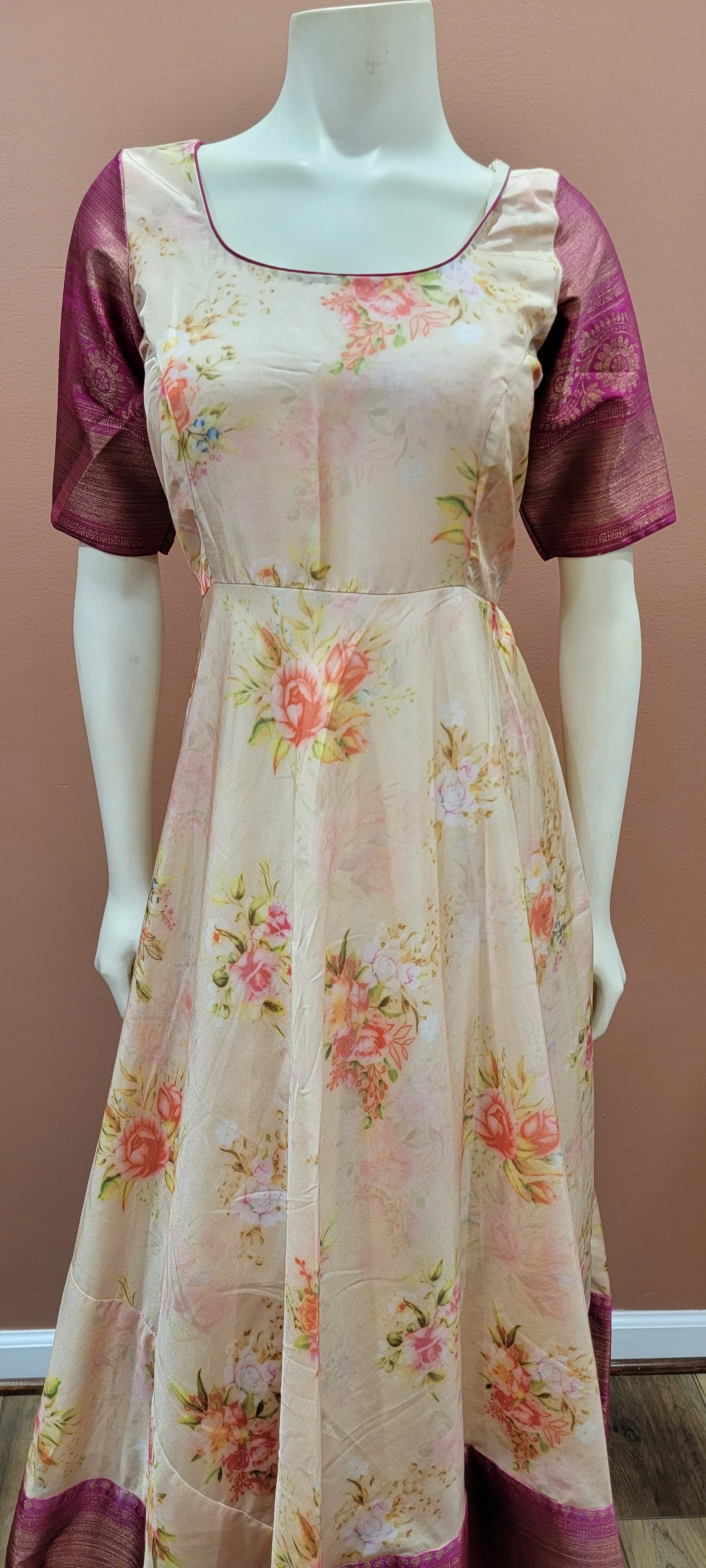 Digital Print Silk Long Dress w/ Kanchi Border