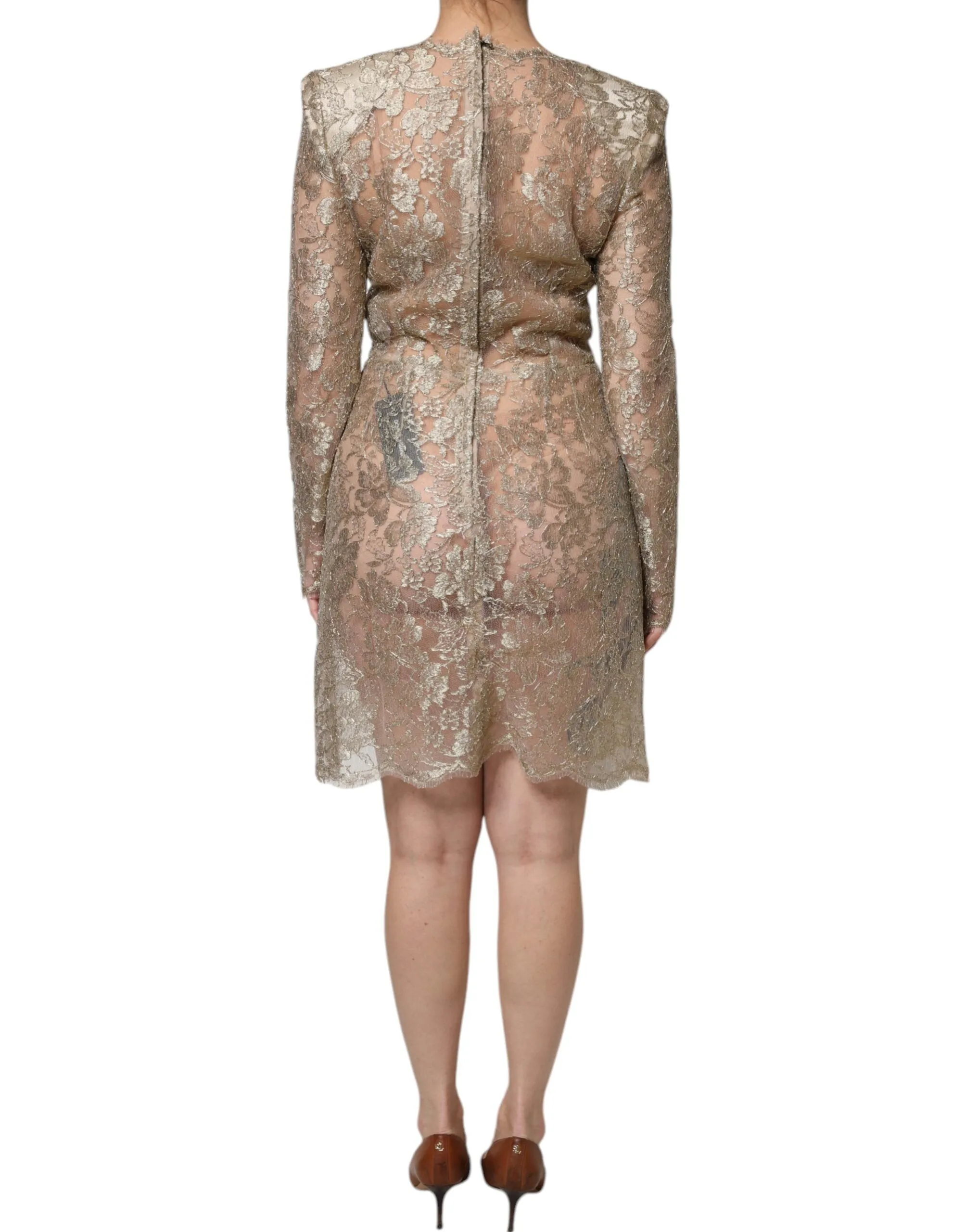 Dolce&Gabbana Women Gold Dress Nylon Floral Lace A-Line Mini Bodycon Wrap IT 44