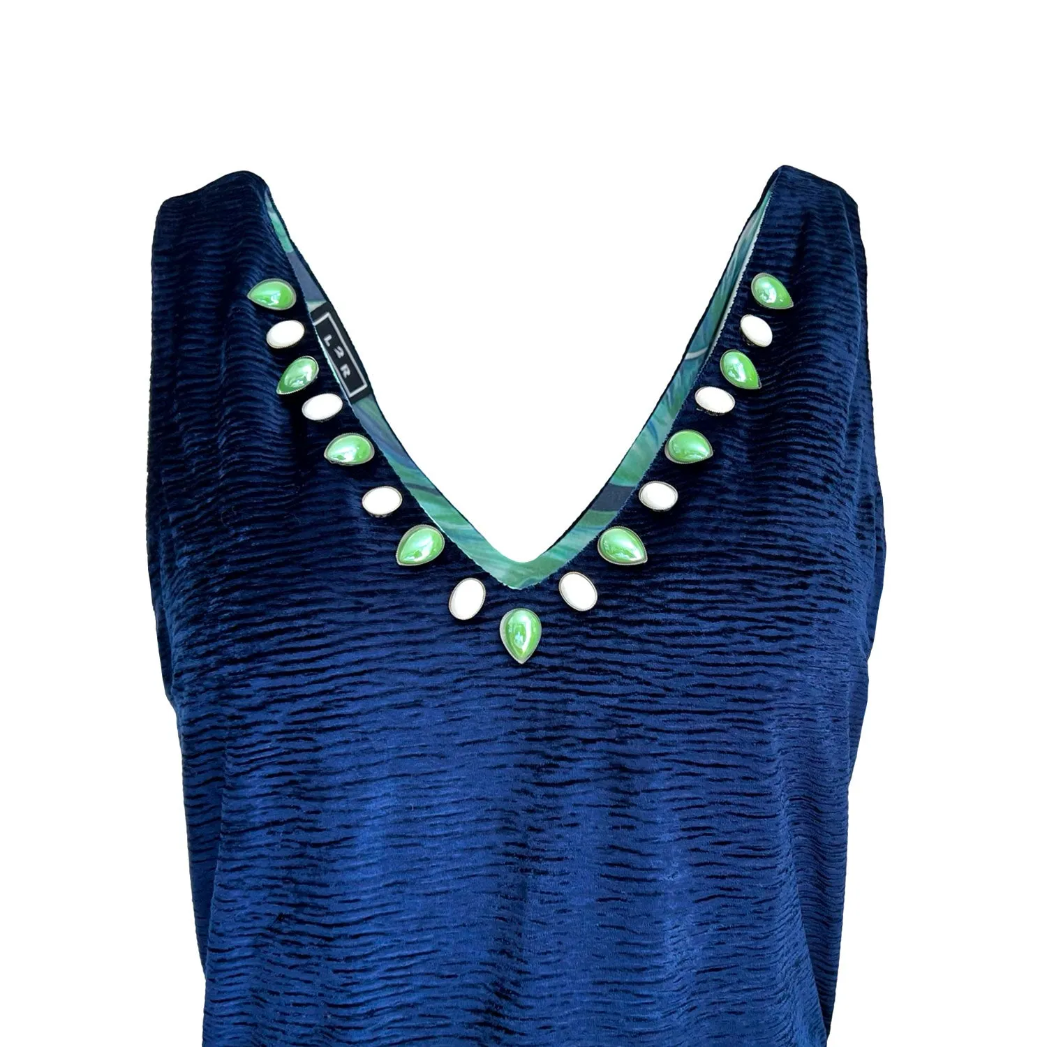 Dress with Slit in Blue Velvet And Green Silk Belt
