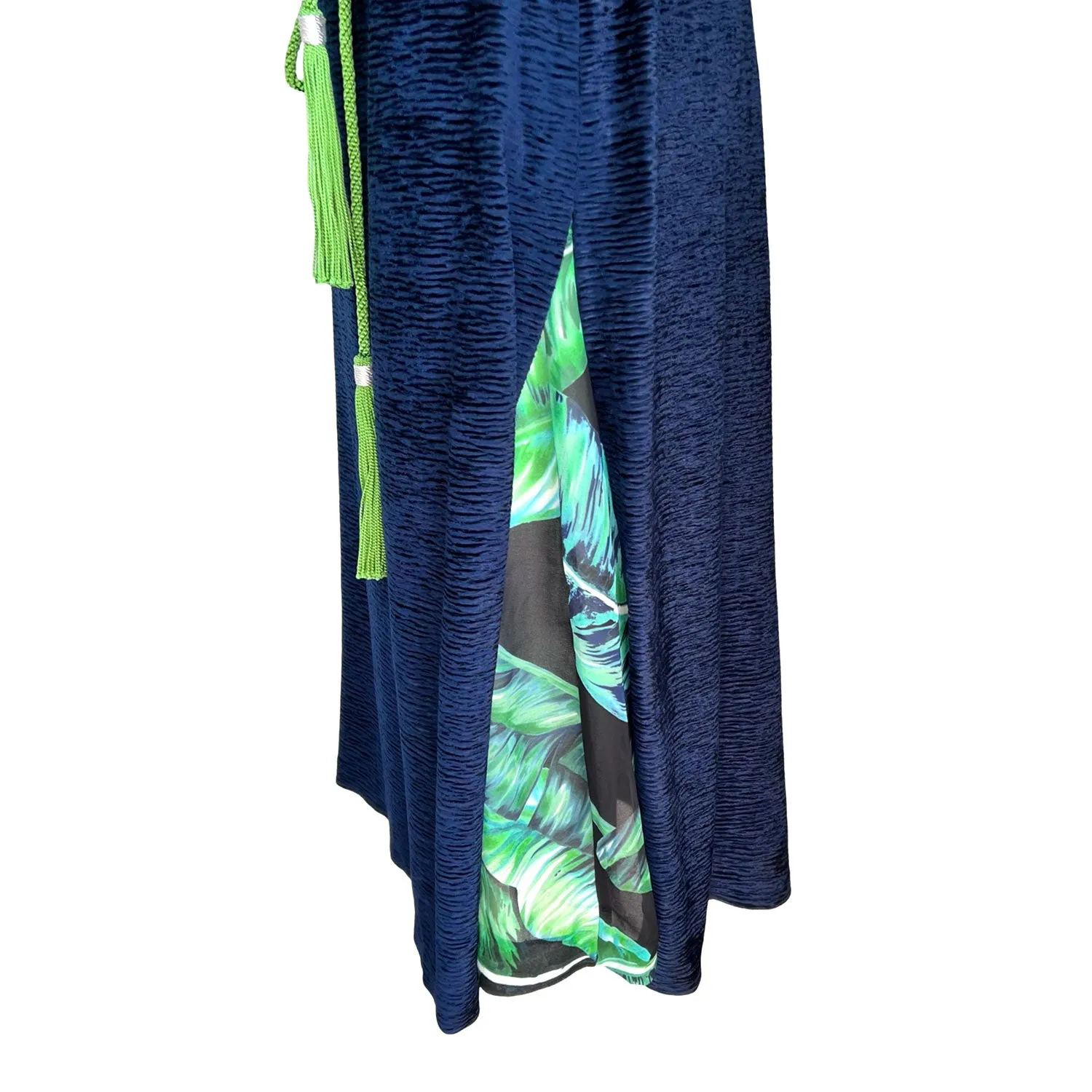 Dress with Slit in Blue Velvet And Green Silk Belt