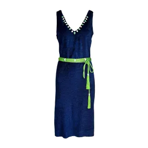 Dress with Slit in Blue Velvet And Green Silk Belt
