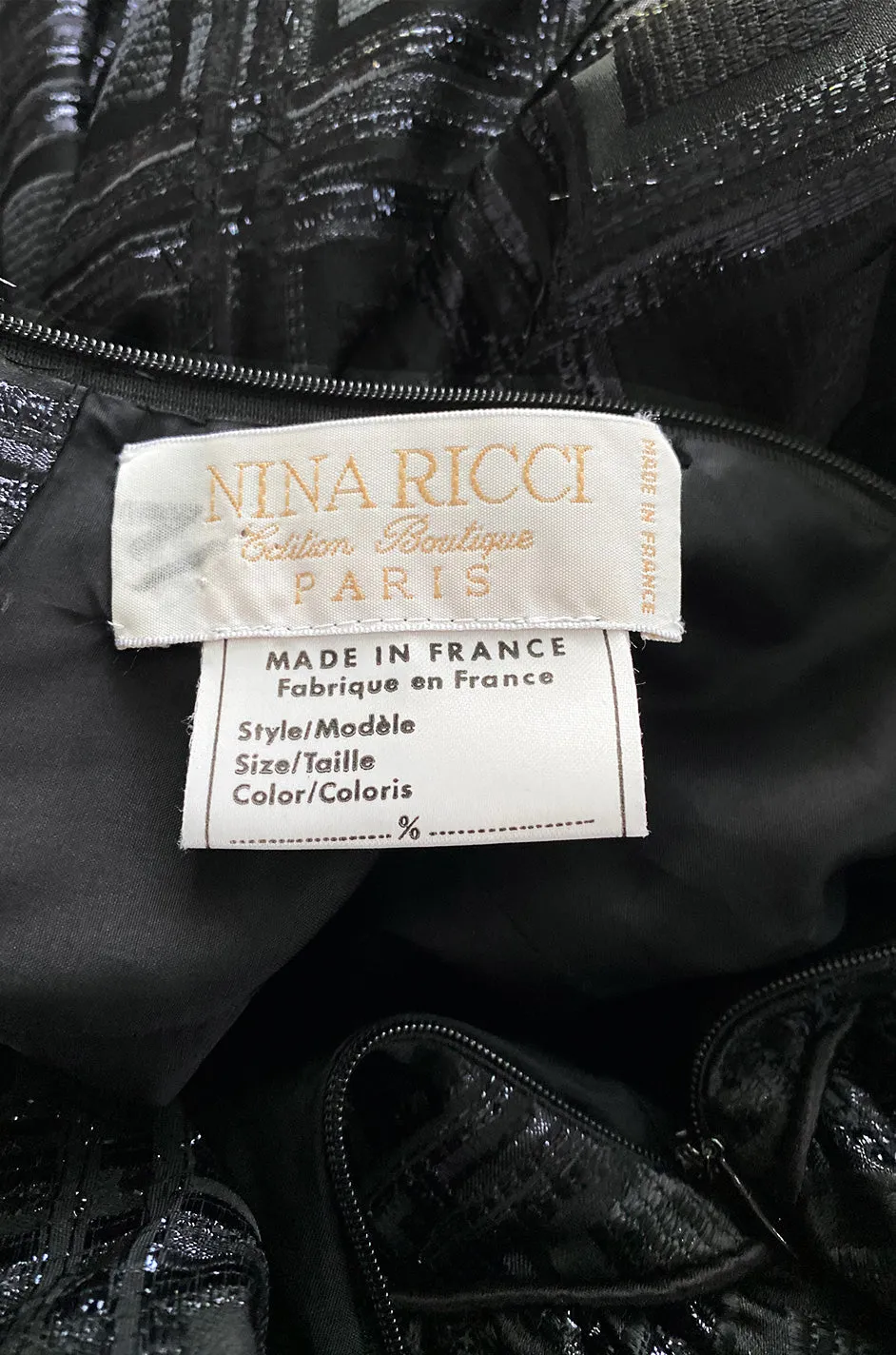Early 1980s Nina Ricci Black Silk Metallic Lame Full Skirted Low Back Dress