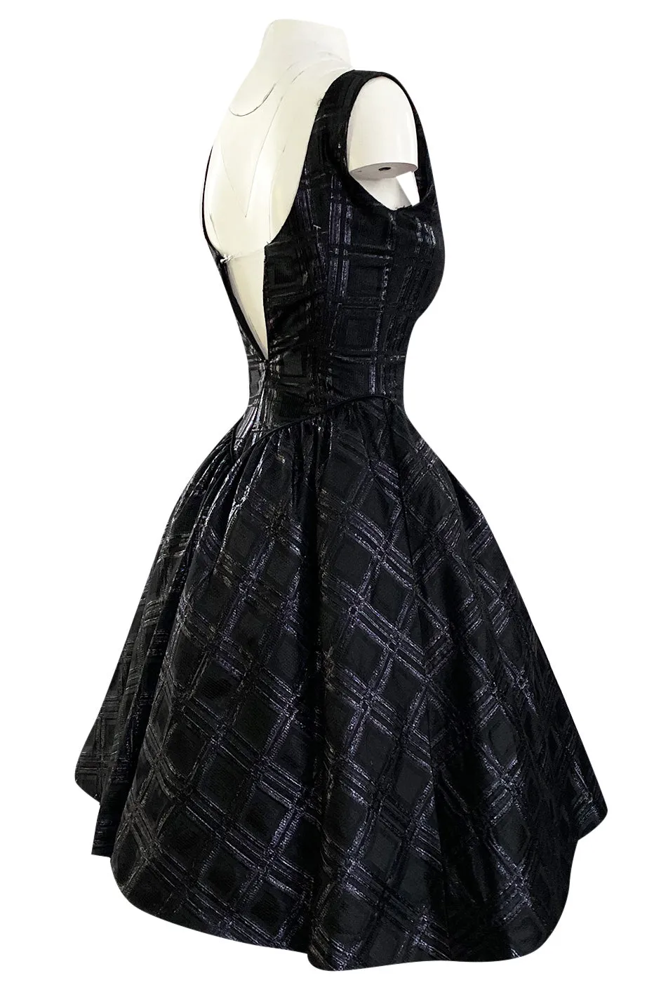 Early 1980s Nina Ricci Black Silk Metallic Lame Full Skirted Low Back Dress