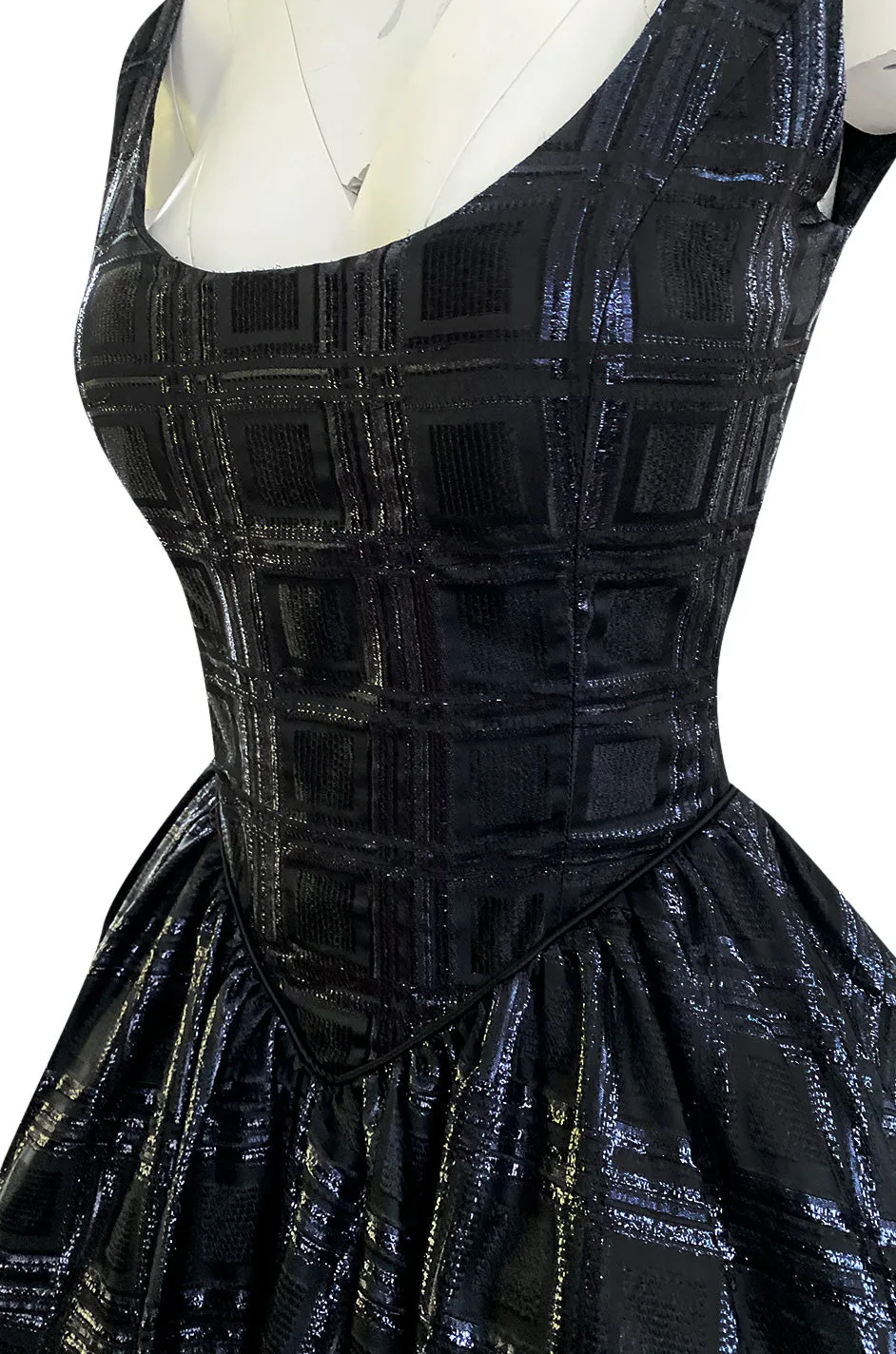 Early 1980s Nina Ricci Black Silk Metallic Lame Full Skirted Low Back Dress