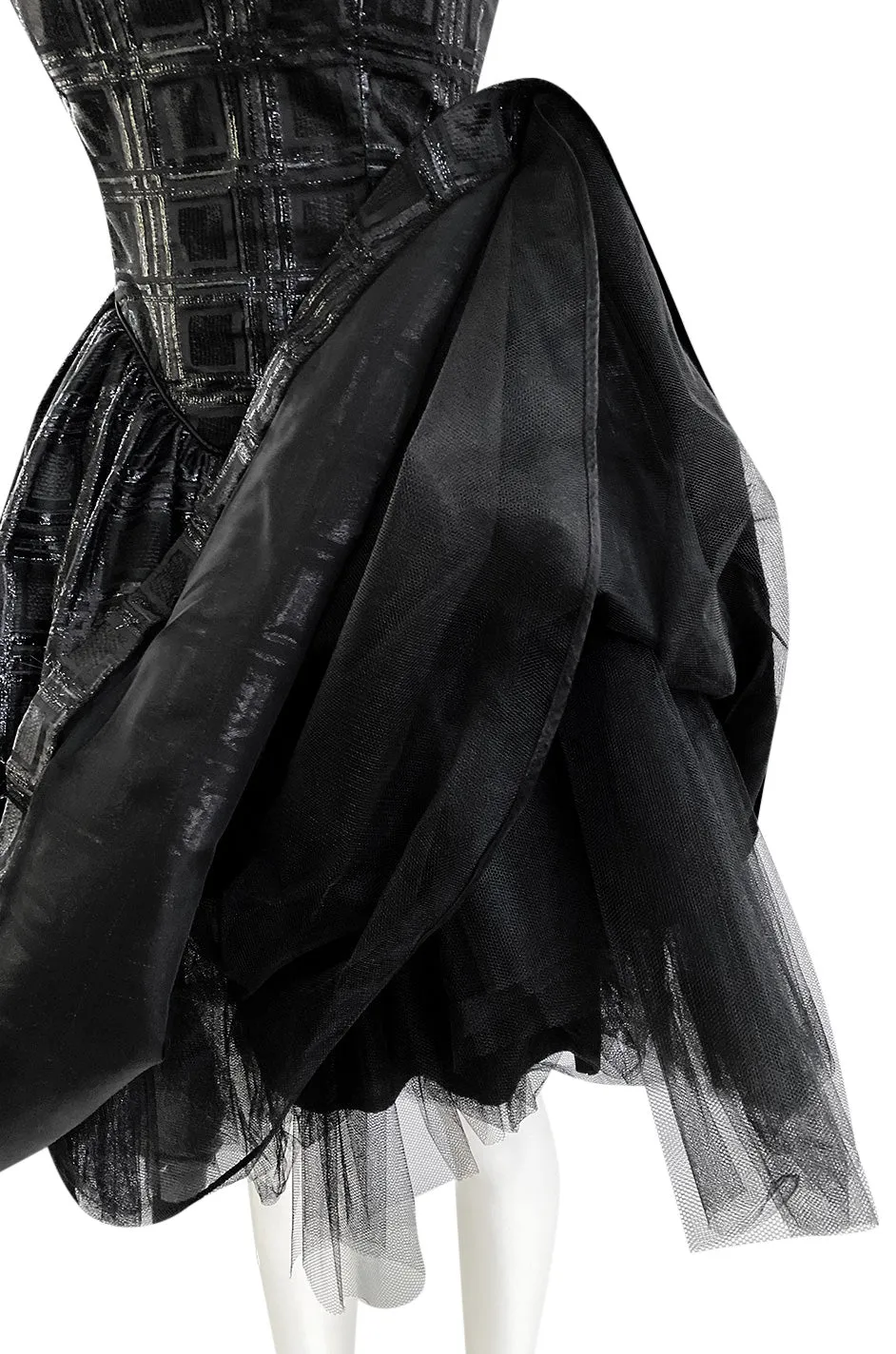 Early 1980s Nina Ricci Black Silk Metallic Lame Full Skirted Low Back Dress