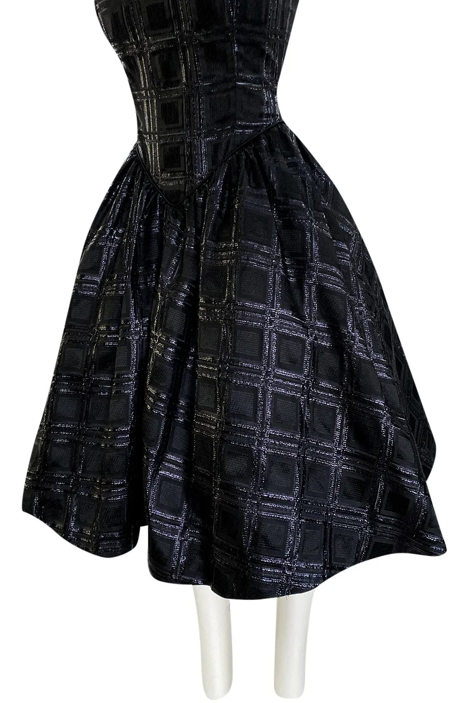Early 1980s Nina Ricci Black Silk Metallic Lame Full Skirted Low Back Dress