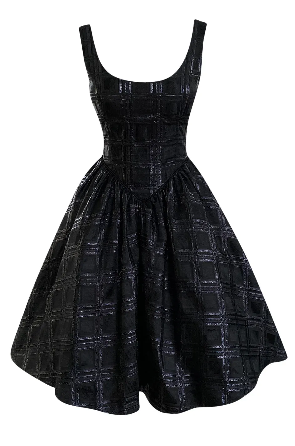 Early 1980s Nina Ricci Black Silk Metallic Lame Full Skirted Low Back Dress