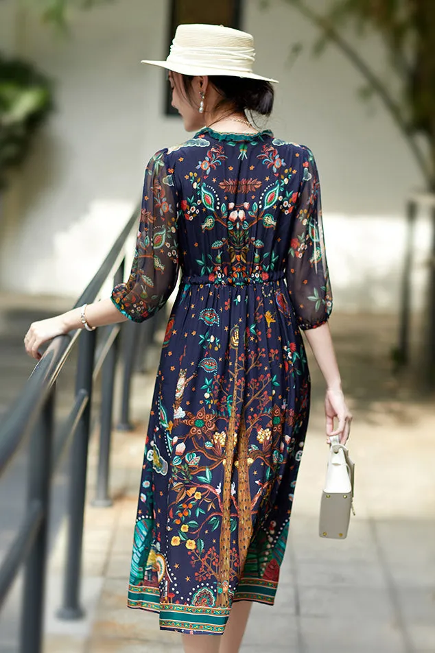 Elegant Floral Pattern 3/4 Sleeve V-Neck Midi Silk Dress