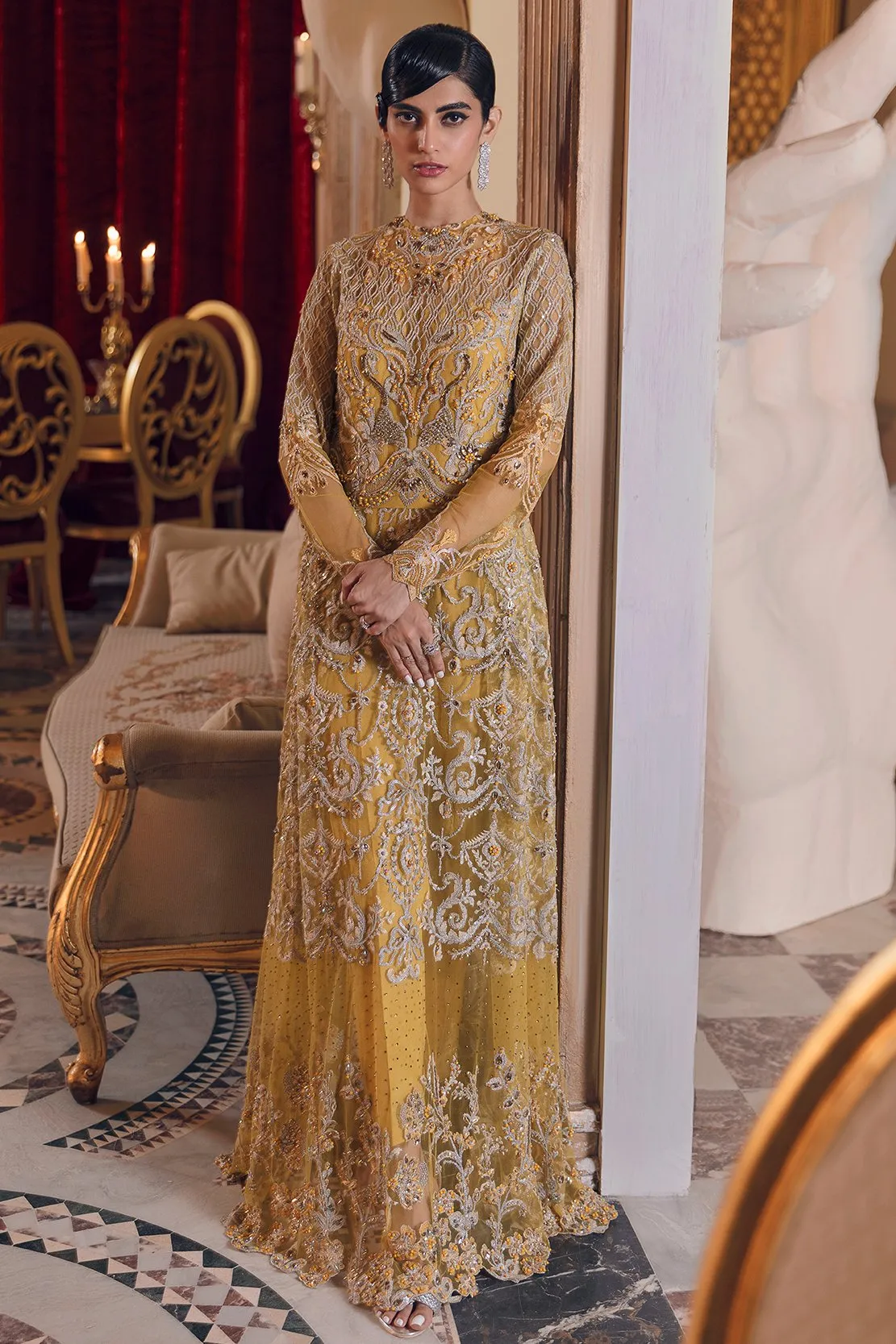 Elegant Maxi Dress Pakistani In Yellow Color #PF148